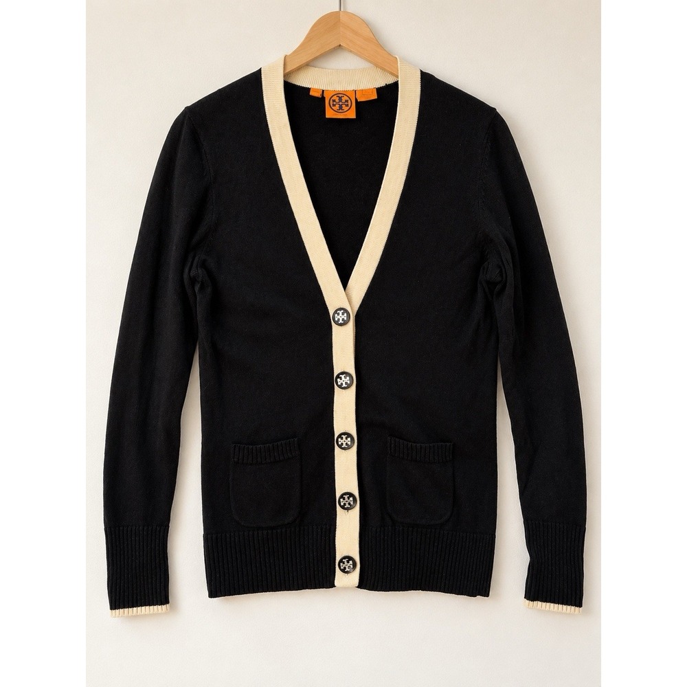 Tory Burch Cardigan Womens L Black Cream Merino Wool Logo Buttons Sweater *Flaw*